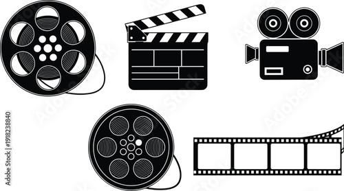 Cinema film production solid icon set with movie camera clapperboard reels and film strip elements