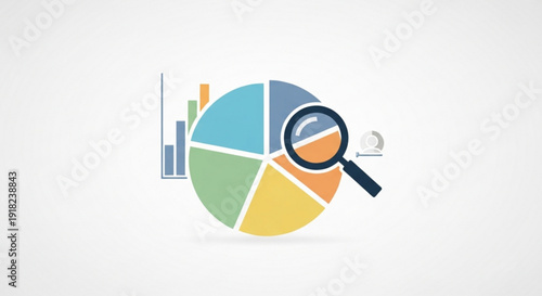 Business analysis concept with pie chart and magnifying glass on colorful sections for data examination