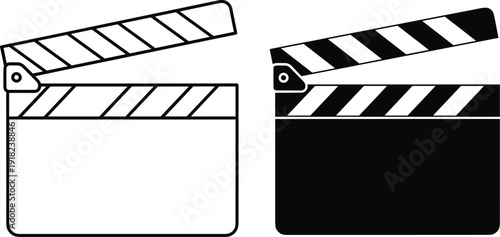 Movie clapperboard outline and solid icon set for cinema production video editing and filmmaking concept
