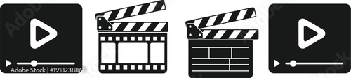 Video player and movie clapperboard solid icons for media playback cinema production and streaming concept