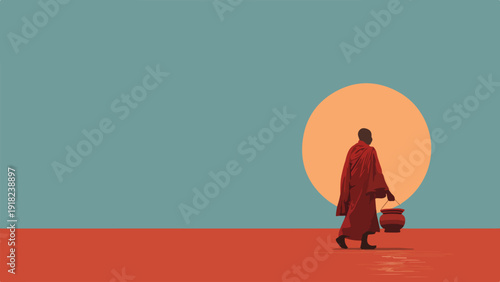 A lone monk in a red robe walks carrying a pot against a large orange circle