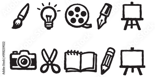 Hand-drawn creative icons set featuring paintbrush, camera, film reel, and easel, ideal for arts and crafts projects.