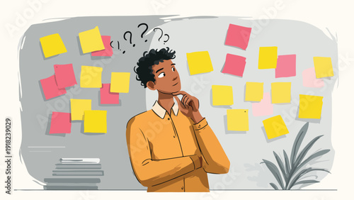 A person ponders ideas on sticky notes attached to a board, surrounded by question marks