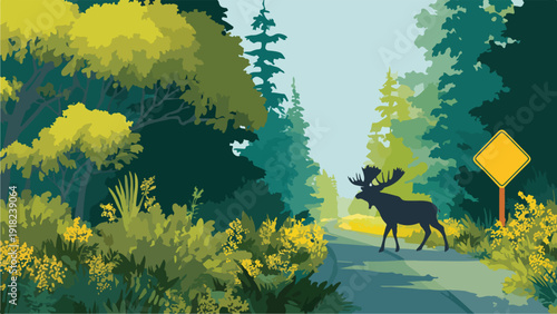 A solitary moose walks down a forest road lined with yellow wildflowers and a warning sign