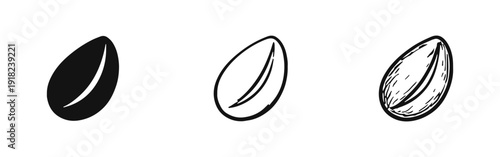 Coffee Bean or Seed Icon Set in Solid, Outline, and Hand-Drawn Styles on White Background