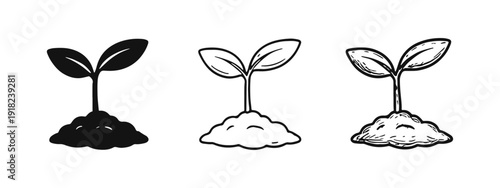 Growing Plant Sprout and Seedling Icon Set in Solid, Outline, and Hand-Drawn Styles on White Background