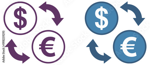 Currency conversion symbols, dollar to euro round arrow icons, vector illustrations representing money exchange, financial transactions, banking, international trade, online payment systems, finance 