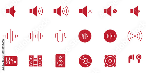 Speaking & audio icon set. Audio file, earphones, voice, microphone, listening, speaker, headphones, music, speech bubble, talk, speaking, loudspeaker, online chat, message, etc. Vector illustration.