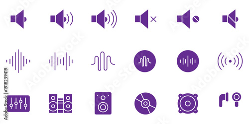 Speaking & audio icon set. Audio file, earphones, voice, microphone, listening, speaker, headphones, music, speech bubble, talk, speaking, loudspeaker, online chat, message, etc. Vector illustration.