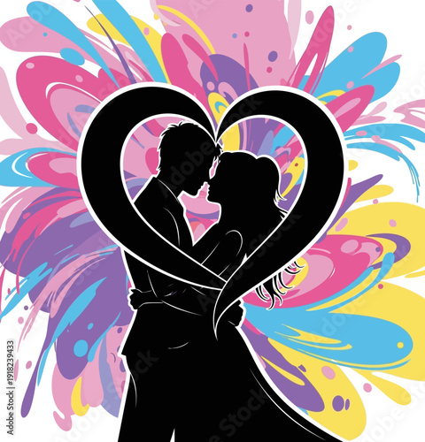 Silhouette of loving couple forming a heart