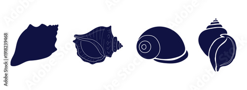 Four distinct stylized illustrations of ancient seashells and a rock formation