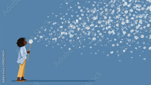 A young person blows on a dandelion, scattering seeds into a blue sky