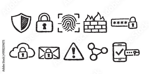 Set of hand-drawn cybersecurity icons featuring shield, lock, fingerprint, firewall, cloud security, and mobile authentication in a sketch style.