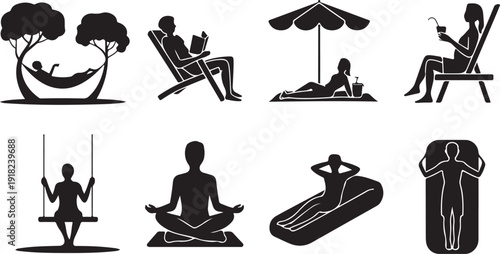 Silhouettes of people relaxing in various peaceful outdoor leisure activities under trees or on a beach