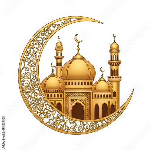 Islamic mosque with crescent moon isolated on a transparent background