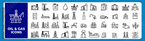 Oil and Gas Industry Outline Vector Icons Set — Fuel, Gas Station, Refinery, Petroleum, Oil Well and Energy Line Icons for Web and App UI