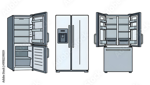 Assorted Fridge Styles Vector Bundle – Single, Double, and French Door Refrigerators for Kitchen Appliance Design