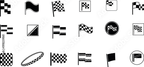 Racing flags icon set with checkered finish line symbols for sports isolated on transparent background