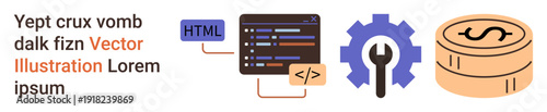 Web development, programming, financial technology, coding solutions, technical optimization, software engineering. HTML code, gear and wrench and stack of coins. Web development and programming