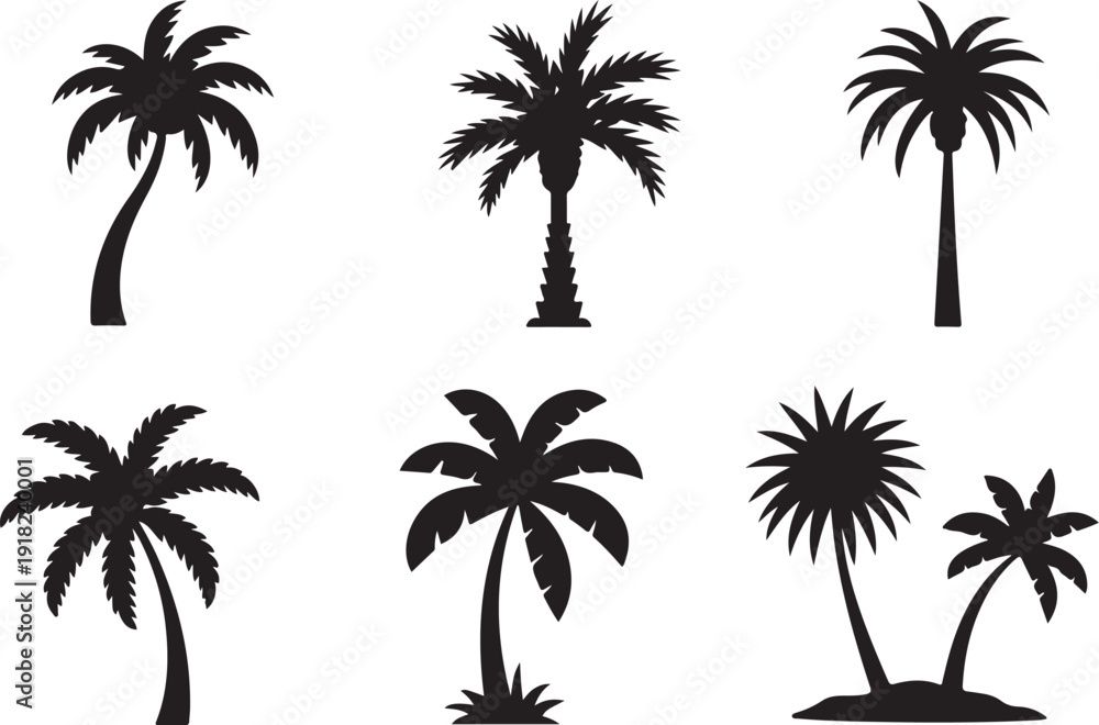 Fototapeta premium A diverse collection of black silhouette palm trees showcasing various tropical shapes and sizes