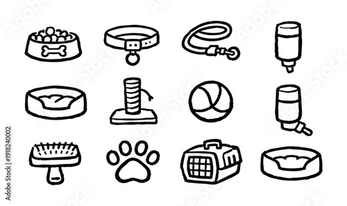 Set of hand-drawn pet care icons including a bowl, collar, leash, bed, and grooming tools. Minimalist black and white doodle vector illustration.
