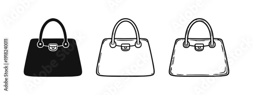 Stylish Women's Handbag or Purse Icon Set in Solid, Outline, and Hand-Drawn Styles on White Background