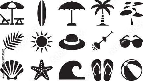 A diverse set of fourteen black silhouette icons representing various summer and beach related items