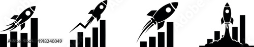 Rocket growth chart black icons set for business success and startup vector silhouette isolated on transparent background