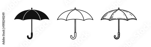 Classic Umbrella for Rain Protection Icon Set in Solid, Outline, and Hand-Drawn Styles on White Background
