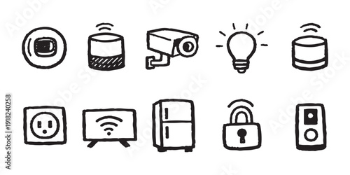 Hand-drawn smart home technology icon set in a doodle style, featuring security camera, light bulb, smart lock, and various iot devices.