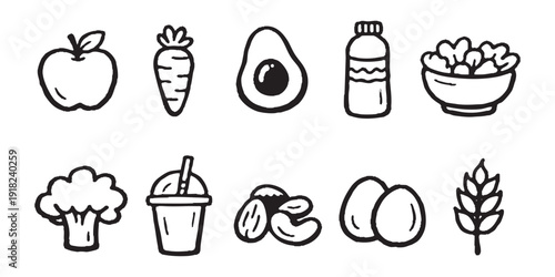 Set of hand-drawn healthy food icons including apple, avocado, carrot, broccoli, and more, in a minimalist black and white doodle style.