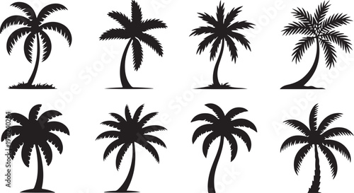 Black silhouettes of various palm trees with different frond shapes and trunk postures