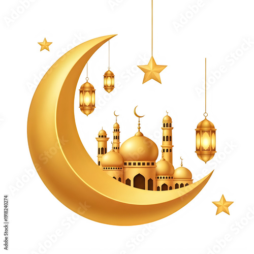 Moon with mosque and stars isolated on a transparent background