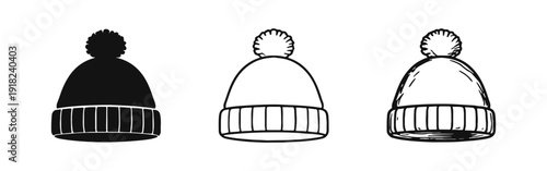 Cozy Winter Hat or Beanie with Pompom Icon Set in Solid, Outline, and Hand-Drawn Styles on White Background