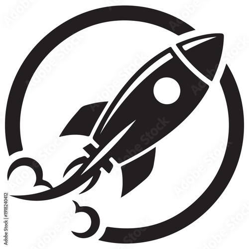 Minimalist rocket ship icon launching through a circular frame representing business startup growth, technological innovation, and space exploration, clean black silhouette on white.