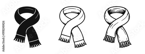 Stylish Winter Scarf Icon Set with Fringes in Solid, Outline, and Hand-Drawn Styles on White Background