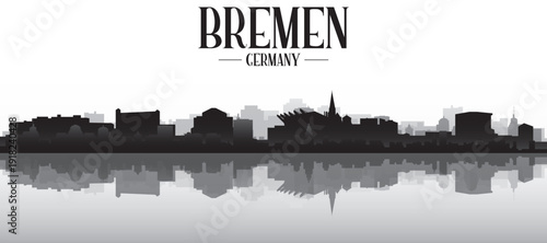Black and white panoramic poster of the city skyline with misty background buildings and water reflection of BREMEN, GERMANY