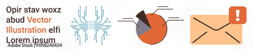 Data visualization, business analysis, technology concepts, digital communication, information security, corporate email. A circuit design, pie chart and email alert symbol. Data visualization