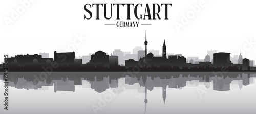 Black and white panoramic poster of the city skyline with misty background buildings and water reflection of STUTTGART, GERMANY