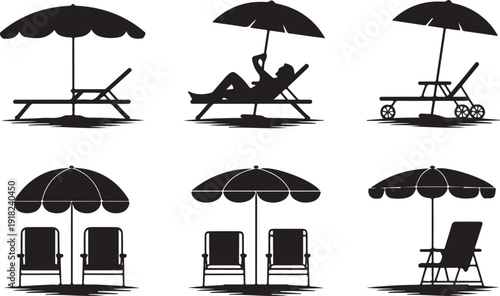 Five black silhouettes showing various empty beach umbrellas and lounge chairs for summer relaxation