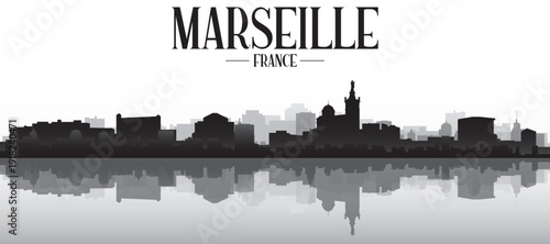 Black and white panoramic poster of the city skyline with misty background buildings and water reflection of MARSEILLE, FRANCE