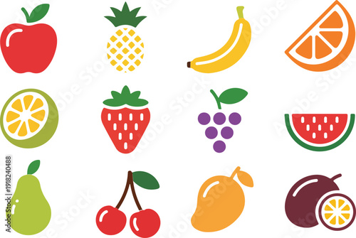 Set of twelve brightly colored flat design icons representing common fruits for healthy eating