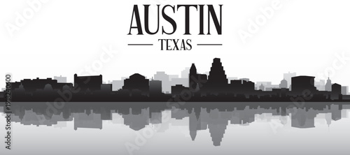 Black and white panoramic poster of the city skyline with misty background buildings and water reflection of AUSTIN, TEXAS
