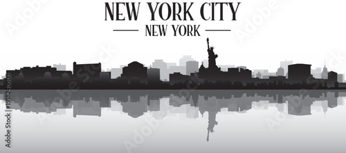Black and white panoramic poster of the city skyline with misty background buildings and water reflection of NEW YORK CITY, NEW YORK