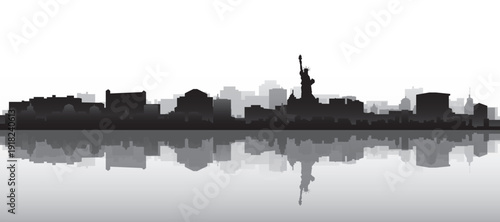 Black and white panoramic poster of the city skyline with misty background buildings and water reflection of NEW YORK CITY, NEW YORK