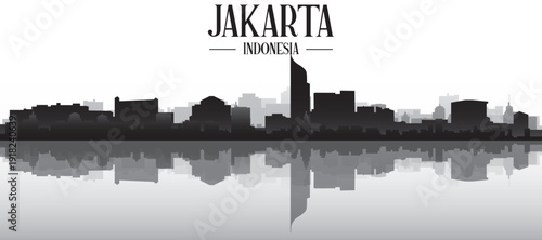 Black and white panoramic poster of the city skyline with misty background buildings and water reflection of JAKARTA, INDONESIA
