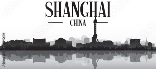 Black and white panoramic poster of the city skyline with misty background buildings and water reflection of SHANGHAI, CHINA