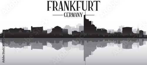Black and white panoramic poster of the city skyline with misty background buildings and water reflection of FRANKFURT, GERMANY