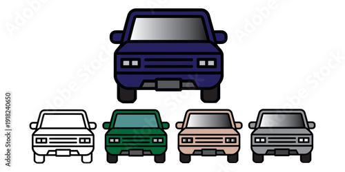 Set of five colorful SUV and pickup trucks vector illustration isolated on white background