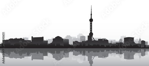 Black and white panoramic poster of the city skyline with misty background buildings and water reflection of SHANGHAI, CHINA